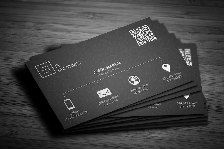 Dark business card with QR Code in white Dark business card on dark wood background
