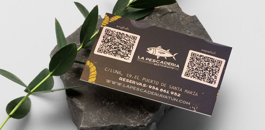 Restaurant business card with QR Code Brown restaurant business card with QR Code on a stone with leaf