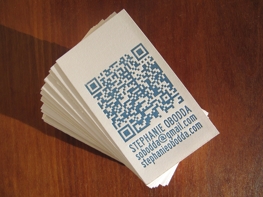 Blue QR Code and contact info on white business card Blue QR Code and contact info on white business card