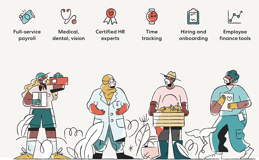 Benefits of Gusto HR and Payroll Software Illustration of the benefits of Gusto HR and Payroll Software